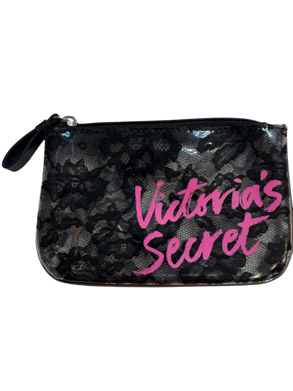 Victoria's Secret Pouch Mini Bag Black Lace Pink Script Cosmetic Keychain